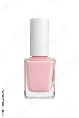 Single elegant light pink nail polish bottle with a white cap, isolated on a clean white background