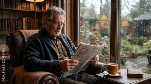 An elderly man sits in a comfortable chair by a window. He reads a newspaper as rain falls outside. A cup of coffee sits on a table nearby in a cozy