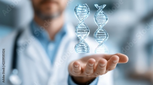 Male doctor presenting two luminous DNA double helices above his hand for genetic medicine and biotechnology campaigns