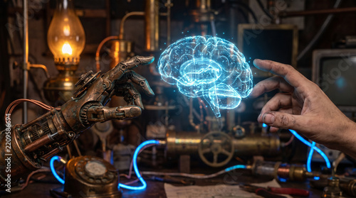 Robotic hand and human hand reaching toward a glowing digital brain hologram inside a steampunk workshop setting