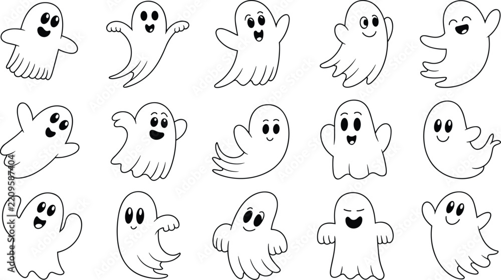 Fototapeta premium Set of cute handdrawn ghosts for halloween celebration isolated on white background