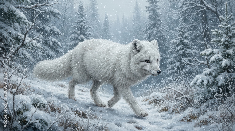 Fototapeta premium Arctic fox walking through a snowy forest during a snowfall