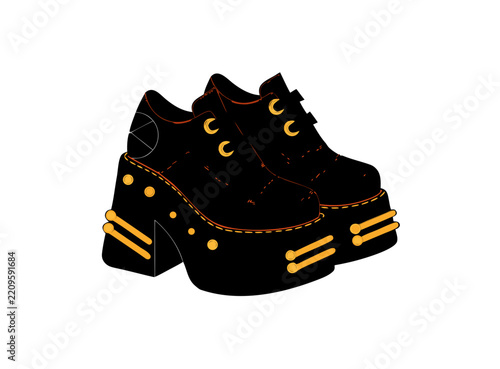 Sophisticated Halloween fashion vector illustration of chunky black platform boots featuring orange accents for edgy alternative footwear style