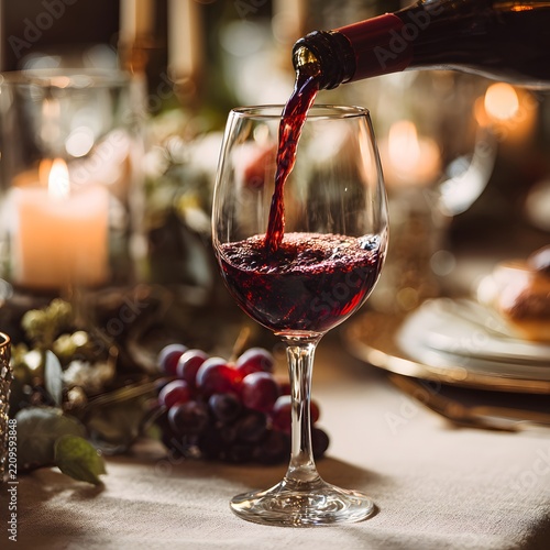 Red wine pouring from bottle into glass on table with grapes and candlelight