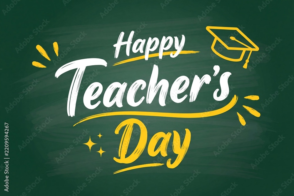 Obraz premium Happy Teachers Day typography artwork on green chalkboard background, educational appreciation greeting design for school banners 4K
