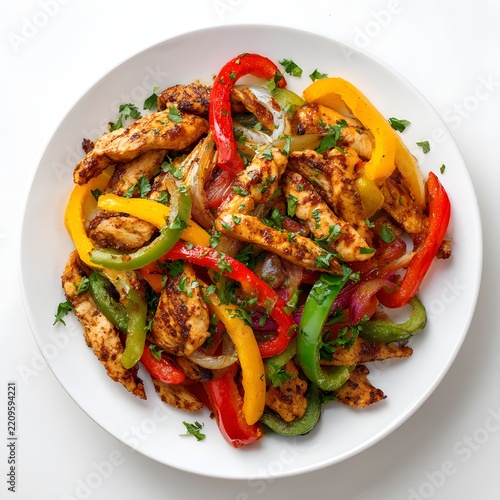 Chicken fajitas tacos serving on white plate with colorful bell peppers on white background