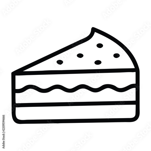 Slice of cake with frosting and sprinkles, outline icon for bakery or dessert shop.