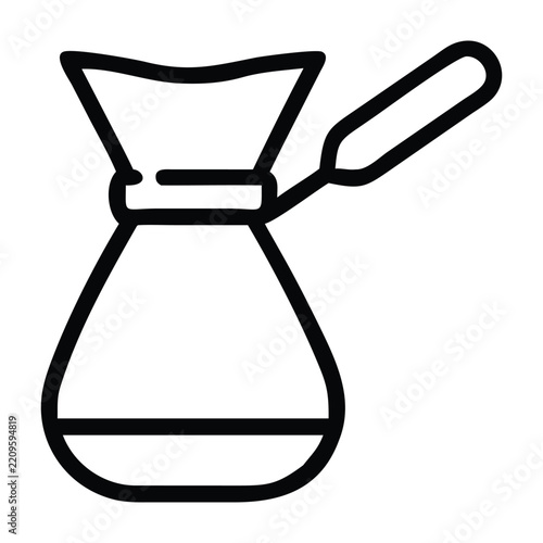 Turkish cezve coffee pot icon with long handle and curved body for traditional brewing art.