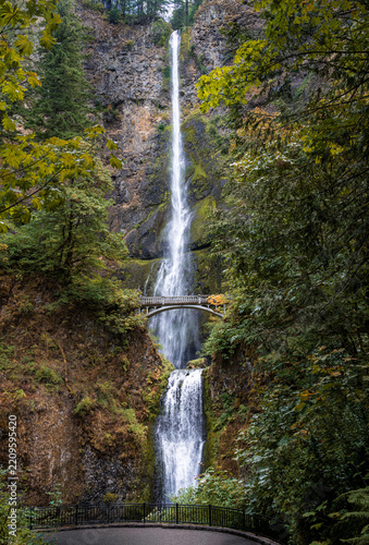 Multnomah Falls flows past Benson Footbridge over basalt cliffs in the Columbia River Gorge National Scenic Area Oregon.