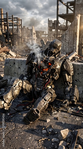 Damaged humanoid robot seated against crumbling concrete barrier in desolate war-torn urban landscape with glowing internal components and rubble.