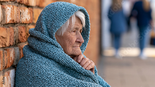 Elderly homeless woman wrapped in a worn blanket sitting against a brick wall, faceless composition, poverty and vulnerability concept, candid social documentary shot, defocused