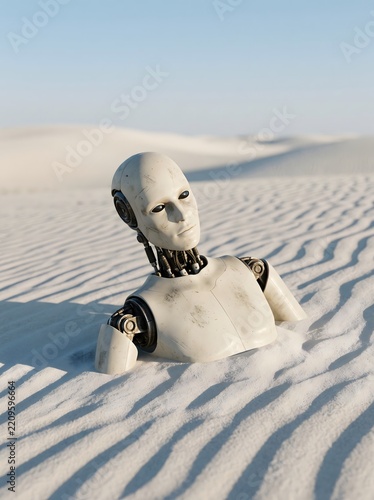 Humanoid robot partially buried in sand dunes with mechanical joints and expressive eyes looking up in a vast desert landscape under a clear blue sky.