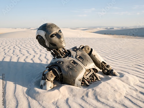 Weathered humanoid robot partially buried in white sand dunes with exposed mechanics under clear sky in vast desert.