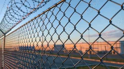 Chain link fence with razor wire around industrial warehouse facility at sunset