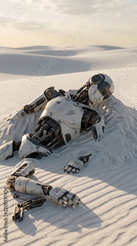 Weathered humanoid robot lying motionless on its side in a vast desert landscape with sand dunes and a soft sky.
