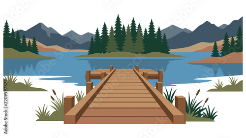 Mountain lake landscape with wooden dock and pine forest scenery.
