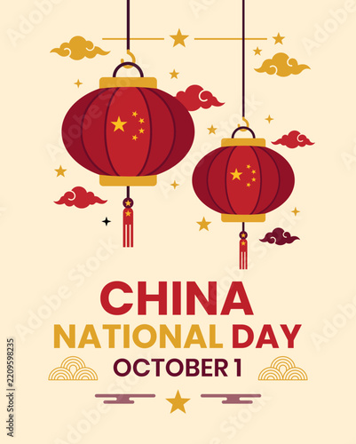 Chinese National Day October 1 With Hanging Lanterns Flat Vector Design Art