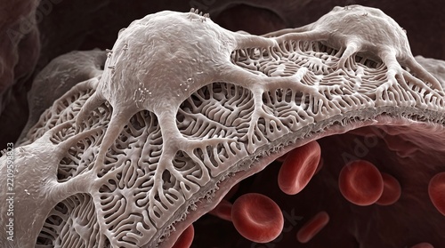 3D Medical Illustration of Blood Vessel Wall with Endothelial Cells and Red Blood Cells