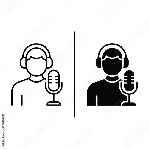 Podcaster or radio host icon set featuring a person with headphones and a microphone, in outline and solid black on white background