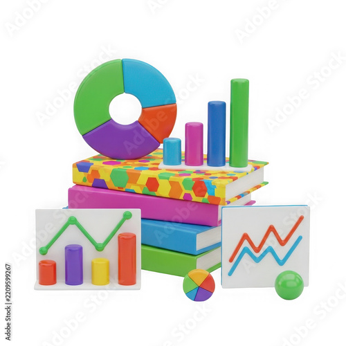 3d illustration of business charts, graphs, and books isolated on transparent background