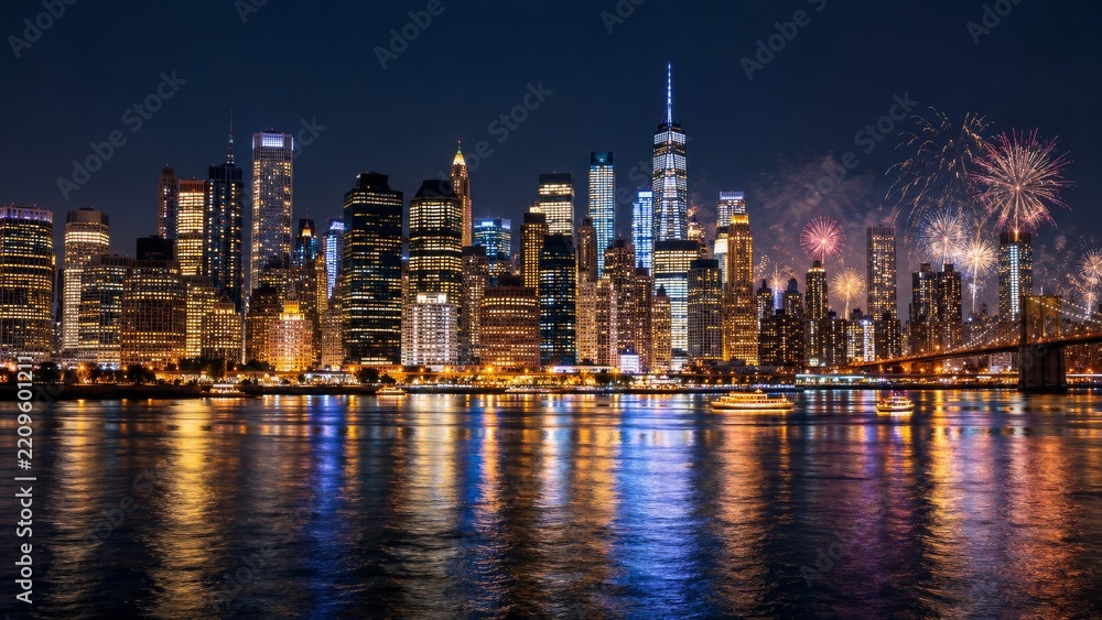 Fototapeta premium City fireworks with bursts behind towers across a river on a dark winter evening, arranged for a seasonal advertising banner