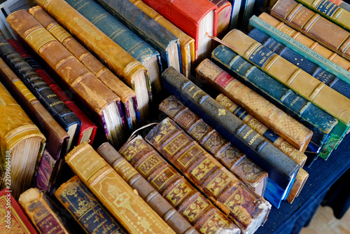 Stack of antique leather bound books