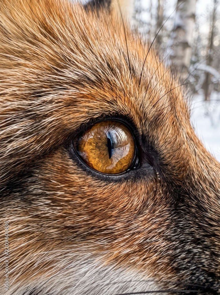 Obraz premium Extreme close-up of a fox eye in russet fur. Wildlife portrait with winter woodland reflected in the iris. Animal vision and observation concept. Nature study of wildlife. Macro detail.