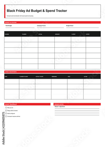 Black Friday Ad Budget Spend Tracker Printable Template