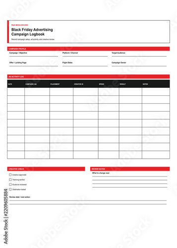 Black Friday Ad Budget Spend Tracker Printable Template