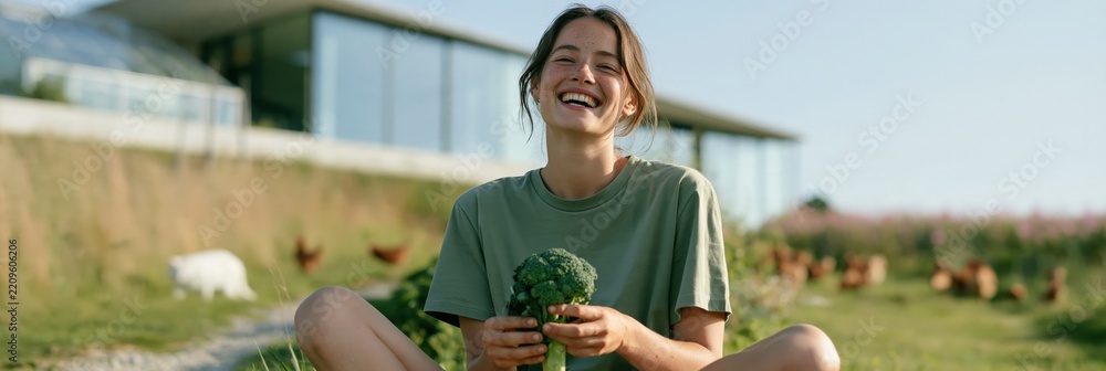 Naklejka premium Happy woman holding fresh broccoli while seated in a grassy field near a greenhouse for organic produce background and farm to table lifestyle banner