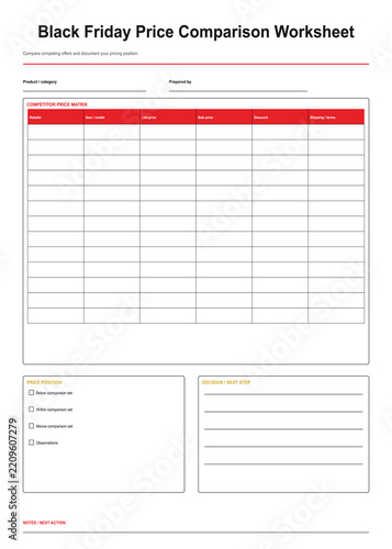 Black Friday Price Comparison Worksheet Printable Template