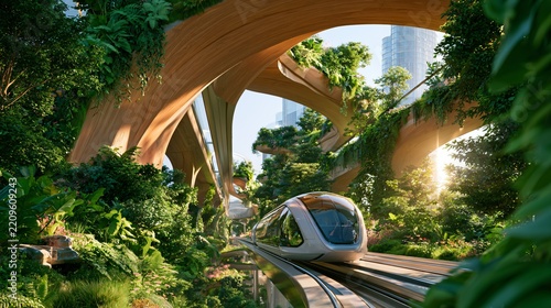 A transportation system operates amid lush greenery and urban features