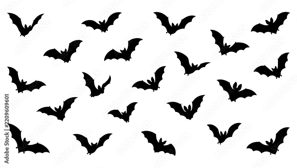 Fototapeta premium Night Flyers: A collection of black bat silhouettes scattered across a white background, creating a spooky and atmospheric visual perfect for Halloween or themes of darkness.