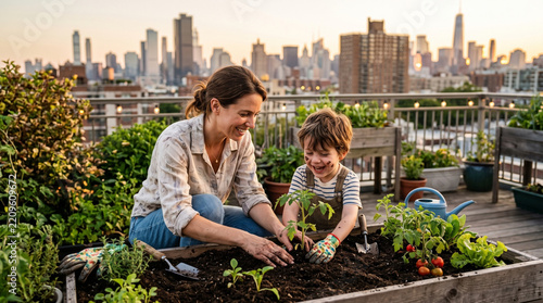 Mother and Child Gardening Together on Rooftop Garden with City Skyline