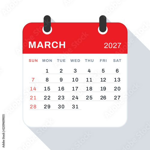 March 2027 Monthly Calendar Page with Long Shadow, Red Header on White Background