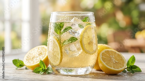 A refreshing glass of homemade lemonade with ice cubes fresh mint leaves and sliced lemons sitting on a rustic wooden