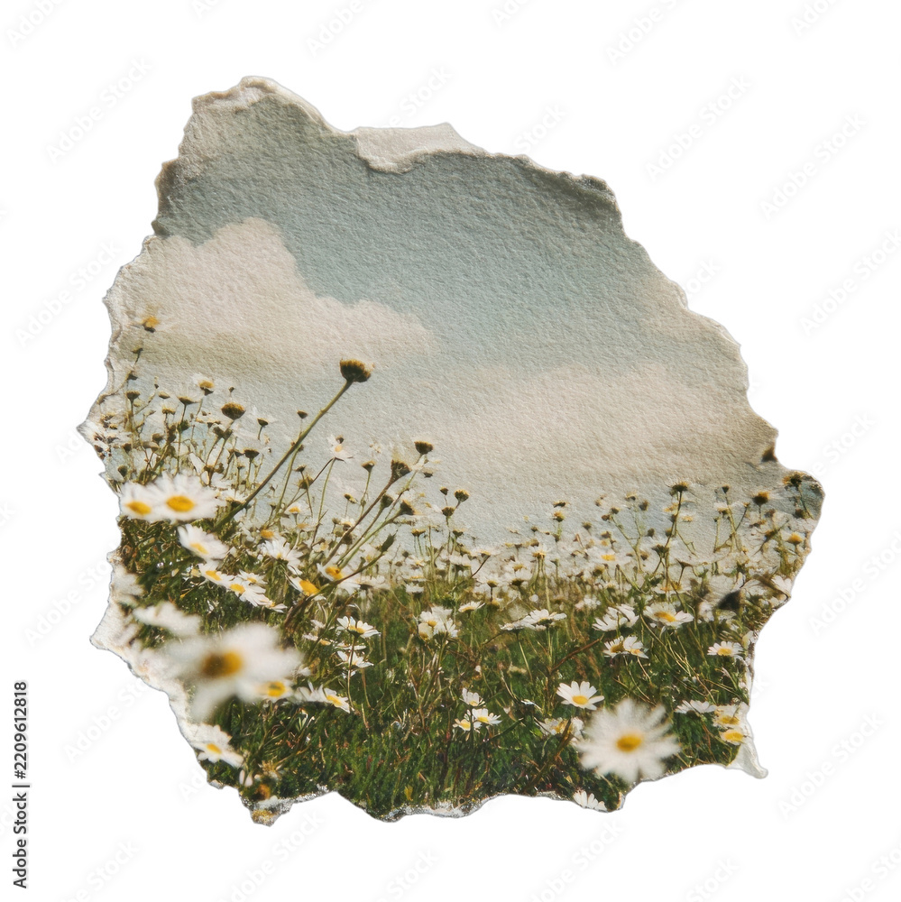 Obraz premium PNG Torn paper reveals blooming daisies.
