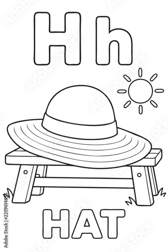 Black and white coloring page for kids featuring the letter H and a hat
