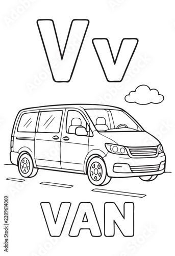 Black and white coloring page for kids featuring the letter V and a van
