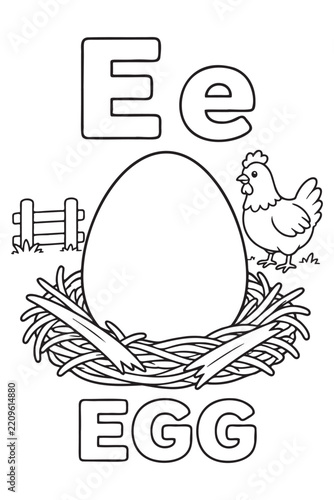 Black and white coloring page worksheet featuring letter E and an egg
