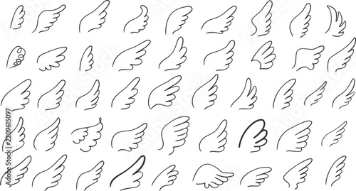 Hand-drawn angel and bird wings. Features diverse doodle, sketch, and line art styles isolated on a white background. Perfect for tattoos, logos, and creative designs.