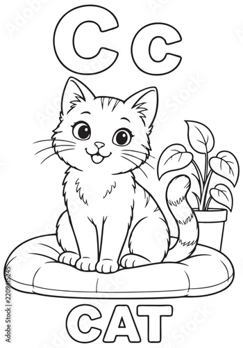Cute cat coloring page for kids with letter C and plant illustration
