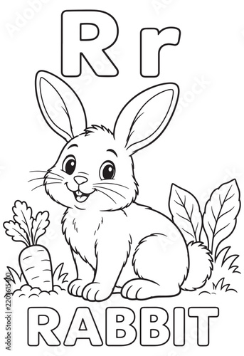 Educational coloring page featuring a cute little rabbit and the letter R with a carrot
