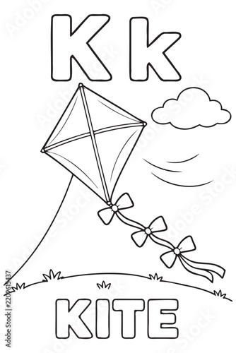 Educational coloring page featuring the letter K and a flying kite

