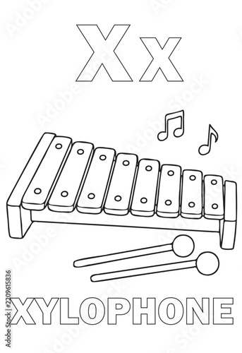 Educational coloring page for kids featuring the letter X and a xylophone
