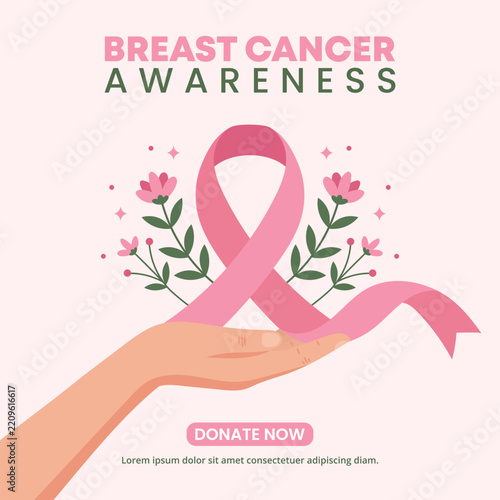 Breast cancer awareness design concept features a hand holding a pink ribbon and flowers