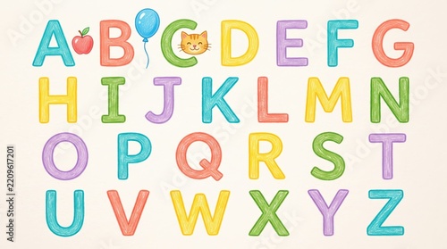 Colorful alphabet letters with apple, balloon and cat illustrations. Preschool learning and early literacy. Childrens education and phonics practice. Classroom teaching resource.