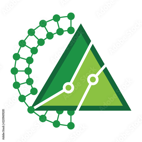 Green triangle logo with molecular structure