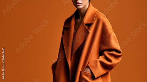Woman wearing an oversized burnt orange coat with notched lapels and matching knitwear in a warm monochromatic fall fashion portrait