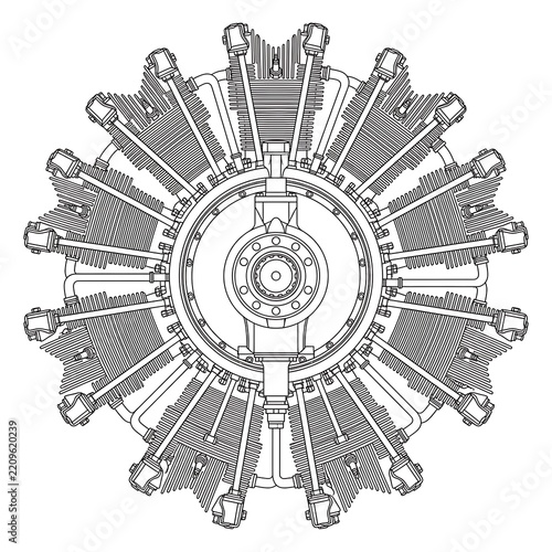Complex Radial Engine Diagram Line Art | Aircraft Motor Outline Vector